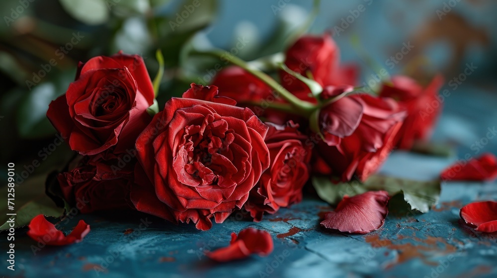 a close up of a bunch of red roses on a blue surface with petals scattered on the surface and petals scattered on the surface. a close up of a bunch of red roses on a blue surface with petals scattered on the surface and petals scattered on the surface.