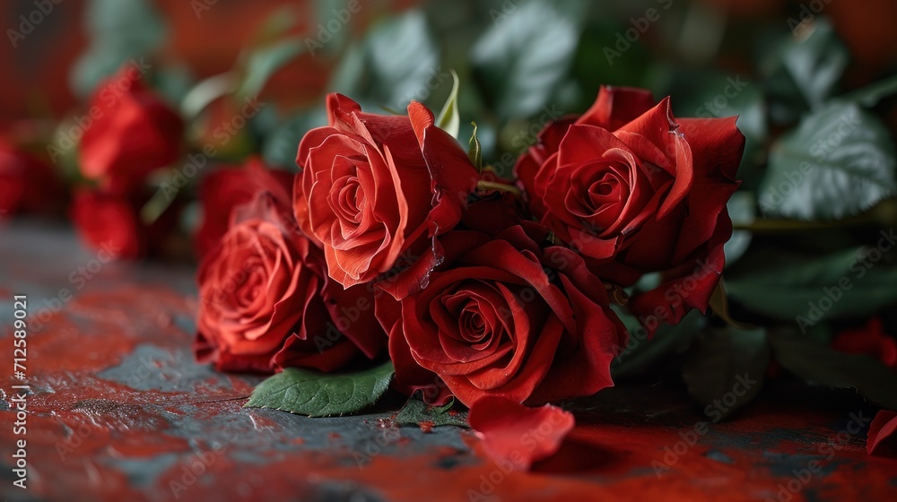 a group of red roses sitting on top of a table next to a leafy green leafy plant on top of a table. a group of red roses sitting on top of a table next to a leafy green leafy plant on top of a table.