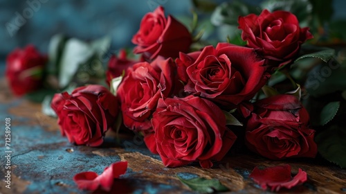  a bunch of red roses sitting on top of a wooden table next to a leafy green leafy plant.