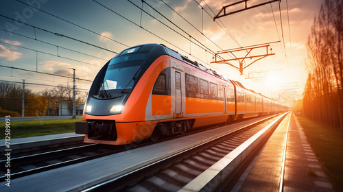 High speed orange train. AI Generative.