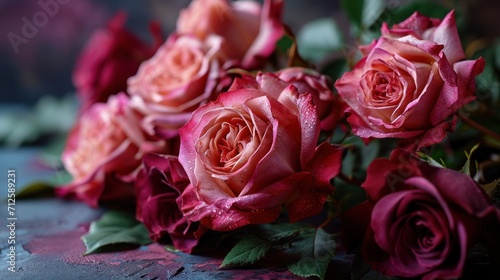  a bouquet of pink roses sitting on top of a blue table cloth with green leaves and water droplets on it.