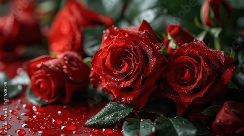  a bunch of red roses sitting on top of a table with water droplets on the surface of the petals and leaves.