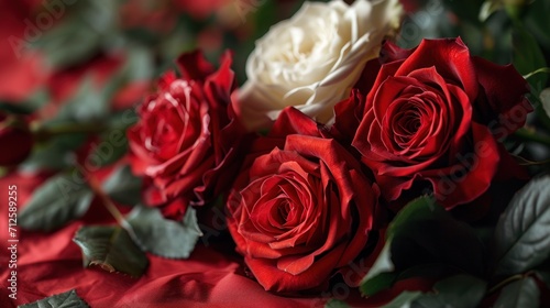  a bouquet of red and white roses on a red table cloth with green leaves and a white rose in the middle of the bouquet.