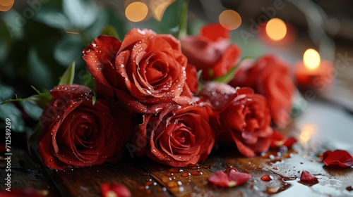 a bunch of red roses sitting on top of a wooden table next to a bunch of red roses with drops of water on them.