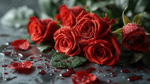  a close up of a bunch of red roses on a table with water droplets on the surface and green leaves.