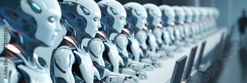 Row of robots in call center working as operators answering customer calls photo