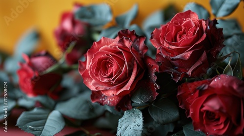  a close up of a bunch of red roses with water droplets on the petals and green leaves on the stems.