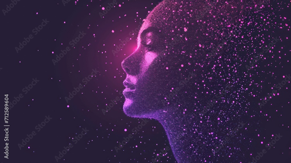 a close up of a person's face in front of a dark background with pink and purple dots on it. a close up of a person's face in front of a dark background with pink and purple dots on it.