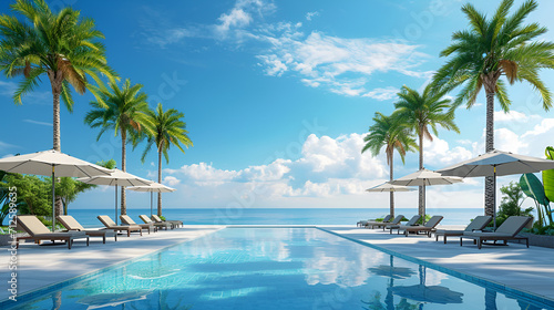 Beautifull luxury swimming pool near beach front with amazing ocean view and deck chairs at sunny day © olyphotostories