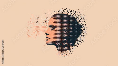  a woman s face with dots in the shape of a woman s head  on a beige background.