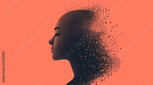  a woman's head with a lot of dots in the shape of a woman's head on an orange background. photo