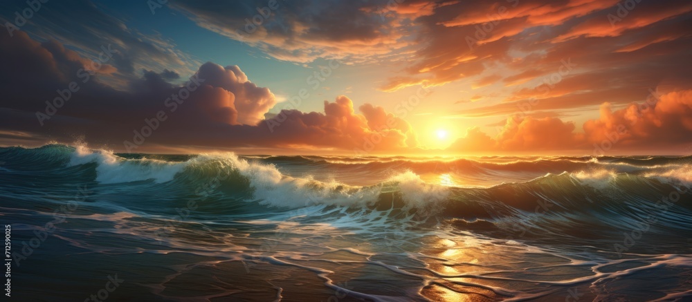 Sunshine filters through clouds, illuminating ocean waves, creating a majestic scene at sunset.