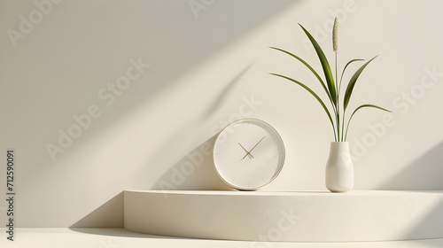 Minimalist Interior with Plant and Clock on white wall background