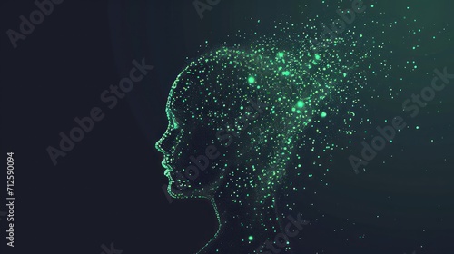  a silhouette of a woman's head with glowing green dots in the shape of a woman's head.
