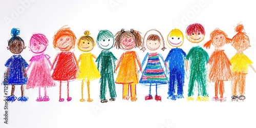 Generative AI, Pencil drawn art by child, naive kids illustration of different multiethnic people, diversity concept on white background 