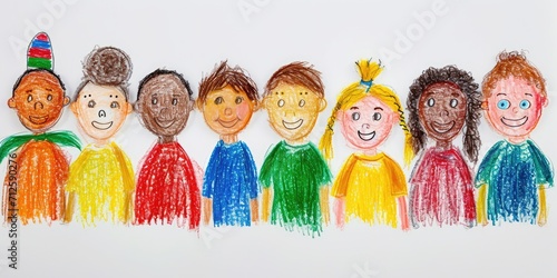 Generative AI, Pencil drawn art by child, naive kids illustration of different multiethnic people, diversity concept on white background	
 photo