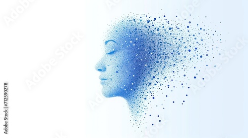  a woman's face with a lot of dots in the shape of a woman's head on a white background.