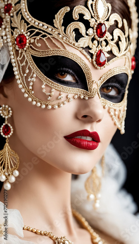 Elegance and Royalty - A Close-Up of a Person Wearing a Golden masquerade Adorned with Red Gems and Pearls 