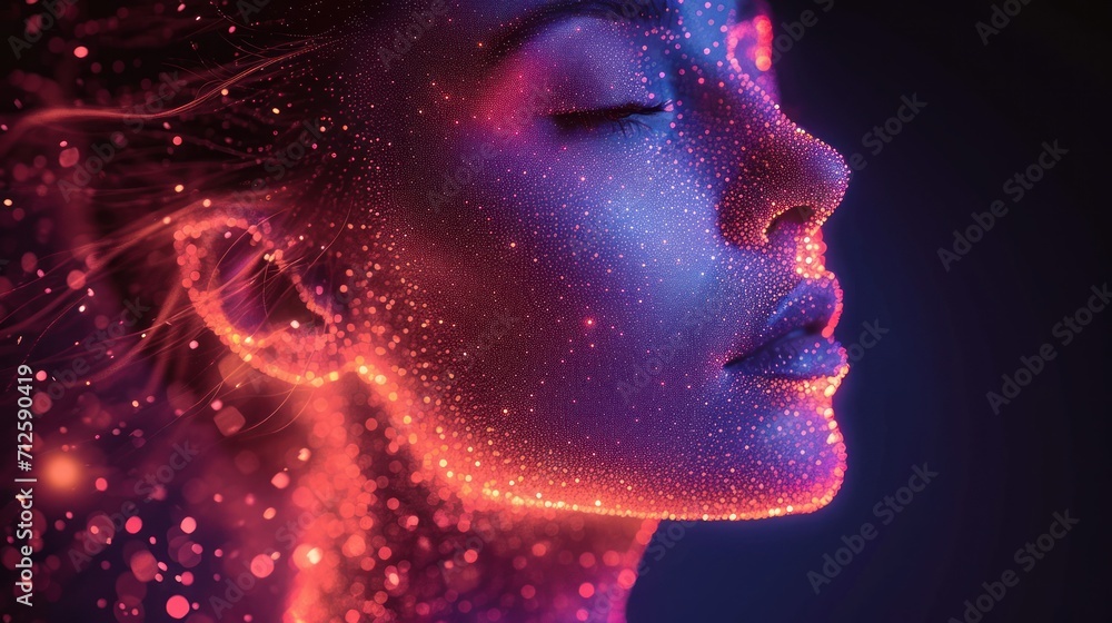  a close up of a woman's face with her eyes closed and her hair blowing in the wind and glowing stars in the background.