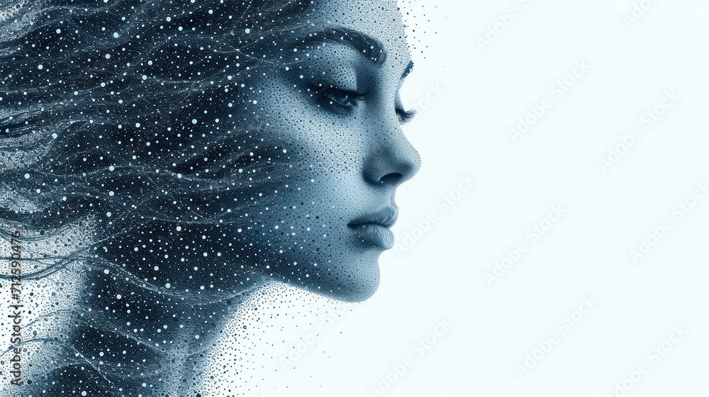 a close up of a woman's face with her hair blowing in the wind and stars coming out of her face. a close up of a woman's face with her hair blowing in the wind and stars coming out of her face.