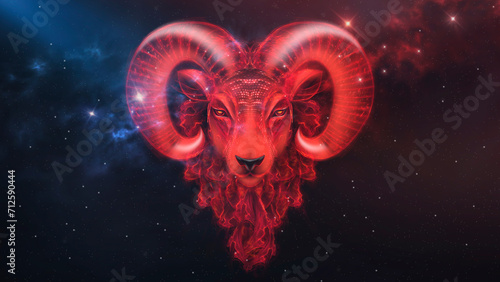 Aries zodiac sign, red neon, nebula space background.
