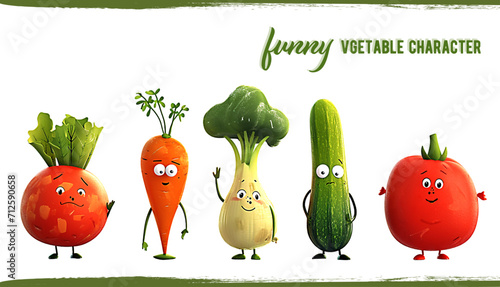 Funny vegetable character - vegetables with faces, cartoon, isolated, carrot, tomato and cucumber. Cartoon Characters Set.