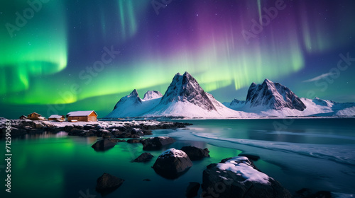 Green and purple aurora borealis over snowy mountains. AI Generative.