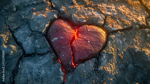 Red Heart on a Crack in the Ground, Love and Heart Broken concept