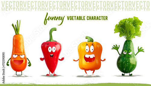 Funny vegetable character - funny vegetables with faces, cartoon, isolated, carrot, pepper, chili and zucchini., funny vegetable character. Cartoon Characters Set.