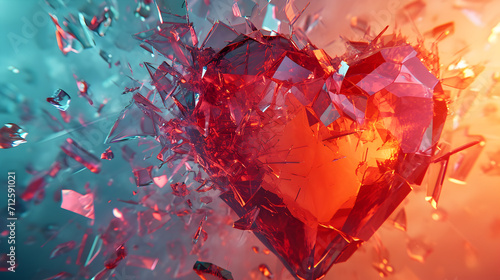 Flying Crystals Shards around a Broken Heart, Love concept photo