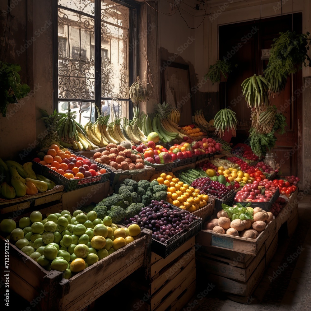 A display of fruits and vegetables at a market A display of fruits and vegetables at a market