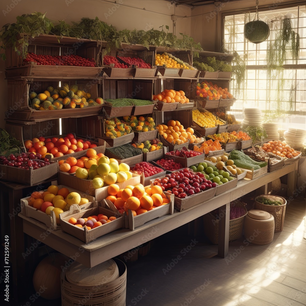 A large display of fruits and vegetables in a store