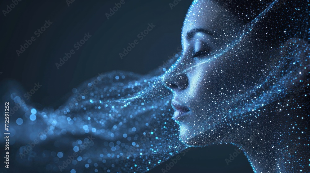 Φωτογραφία a woman with her eyes closed and her head tilted to the side with her eyes closed and her hair blowing in the wind