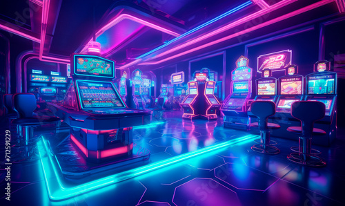 Neon cyber casino with slot machines background. Glowing 3d purple hall with gaming computers and chairs with glowing futuristic diodes for gambling and entertainment design