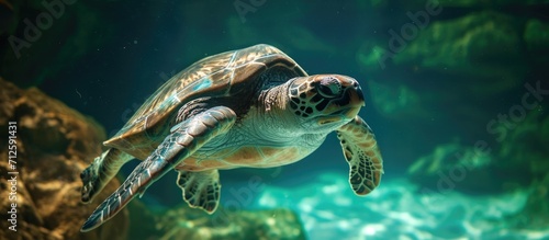 Gorgeous turtle in green waters. © AkuAku