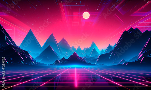 Synthwave mesh neon road with cyber mountains background. Glowing 3d night with purple digital clouds and straight highway going to moon on horizon in 80s vaporwave design photo
