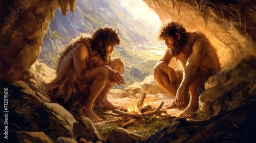 cavemen resting next to a bonfire inside a cave in high definition AND QUALITY hd photo
