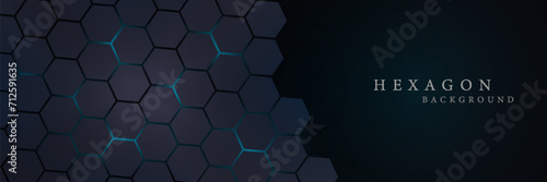 Dark gray and blue horizontal hexagonal technology abstract vector background. Red bright energy flashes under the hexagon in a wide banner of futuristic modern technology. vector