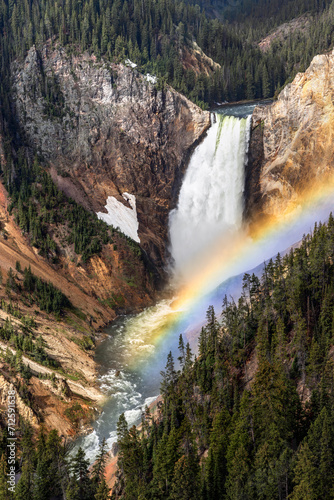 A colorful morning rainbow graces the mist of the Lower Falls of the Yellowstone River, as the waterfall plunges into the Grand Canyon of the Yellowstone in Yellowstone National Park in Wyoming.