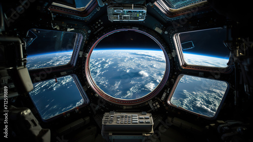 Fototapeta Naklejka Na Ścianę i Meble -  spaceship round window with sunrise over planet view, space station porthole illuminator with planetary sunset view, astronomy background