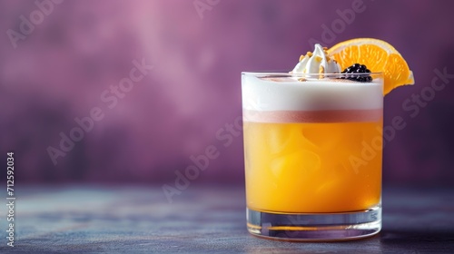  a close up of a drink in a glass with an orange slice and blackberries on the top of it.