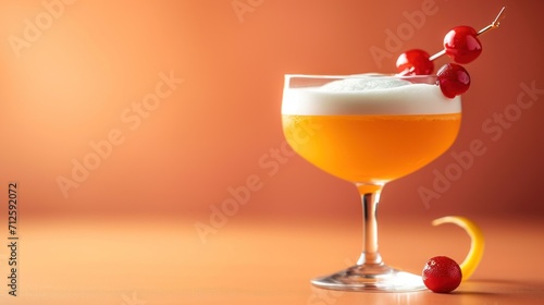  a close up of a drink in a wine glass with a garnish on the rim and cherries on the rim.