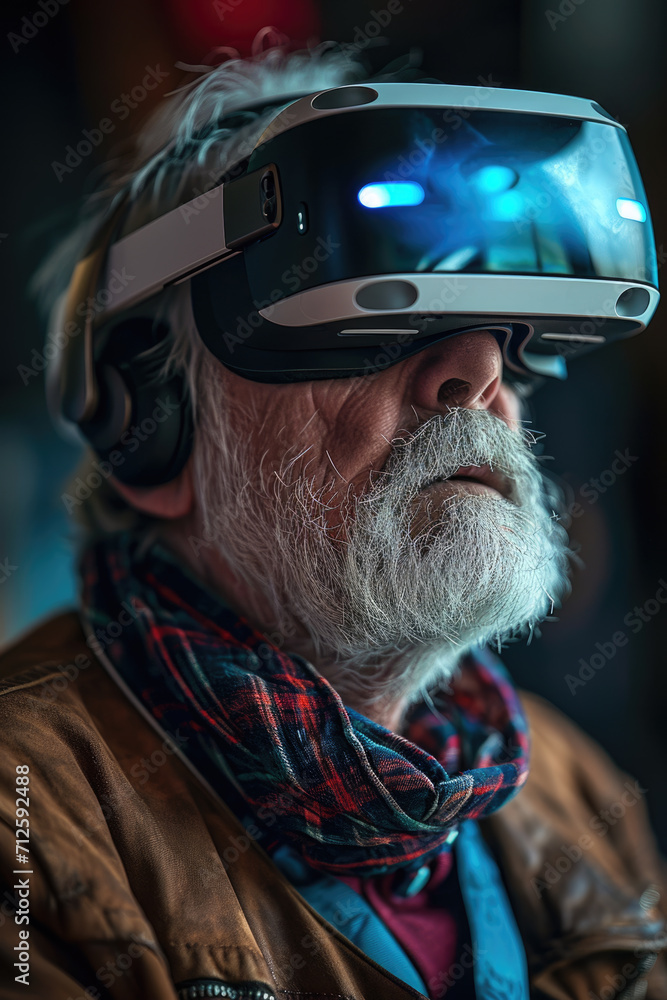 Ein alter Mann trägt ein VR Headset - obrazy, fototapety, plakaty 