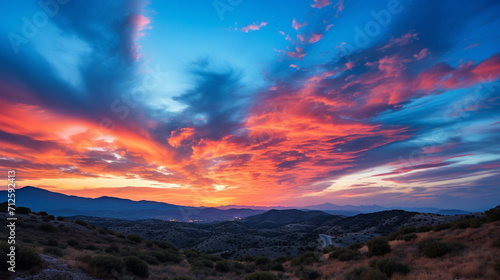 Sunset in the mountains. Dramatic colorful sky with blue hills , Generate AI © VinaAmeliaGRPHIC