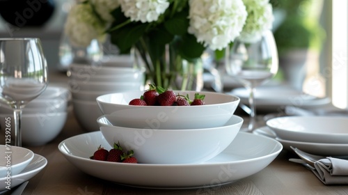 a close up of plates and bowls on a table with a vase of flowers in the middle of the table.