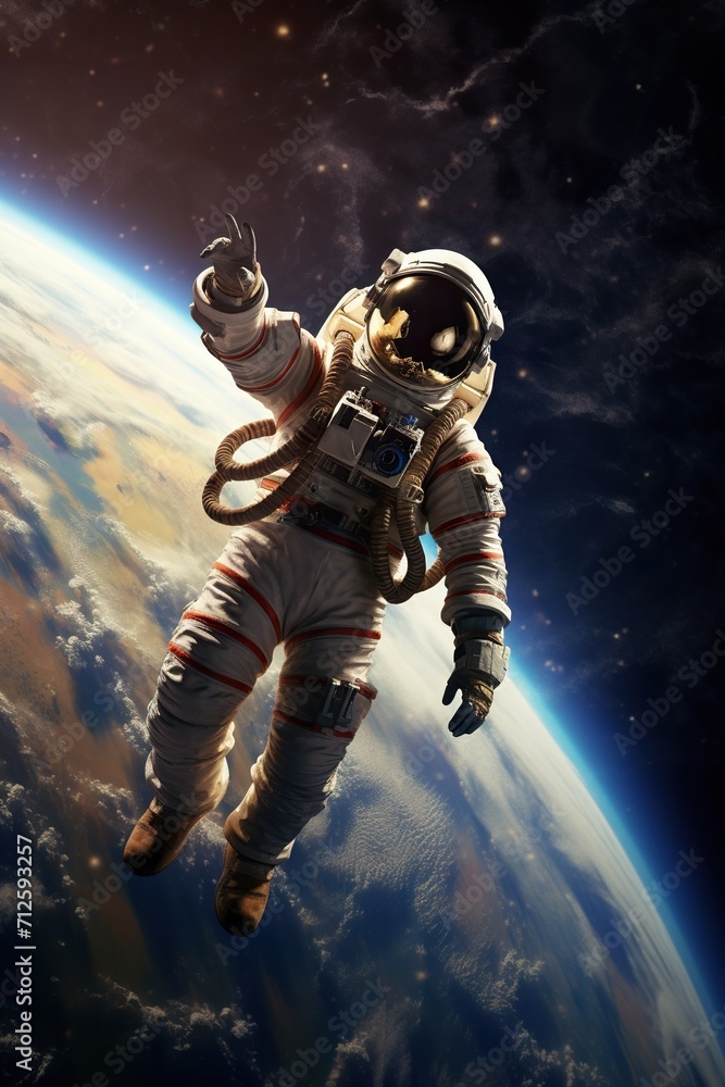 astronaut in space suit and helmet flying on orbit of far planet, cosmonaut orbiting Earth in cosmos, astronomy concept astronaut in space suit and helmet flying on orbit of far planet, cosmonaut orbiting Earth in cosmos, astronomy concept
