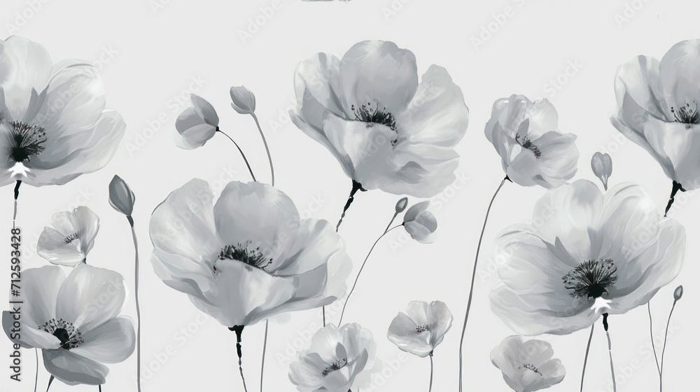  a group of white flowers on a white background with a black and white photo in the middle of the picture.