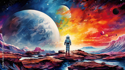 colorful illustration of astronaut in space suit and helmet exploring alien planet with mountains and stars and moons on night sky, astronomy concept 