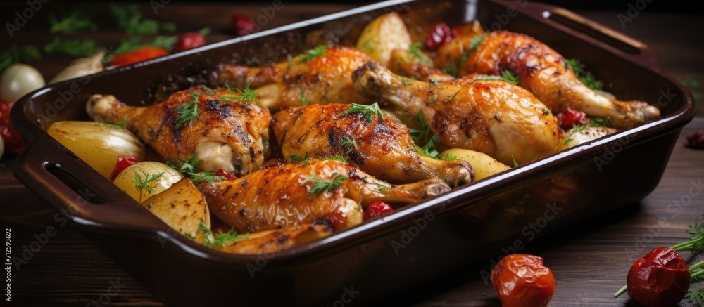 Roasted chicken legs with American potatoes in a baking dish. Roasted chicken legs with American potatoes in a baking dish.