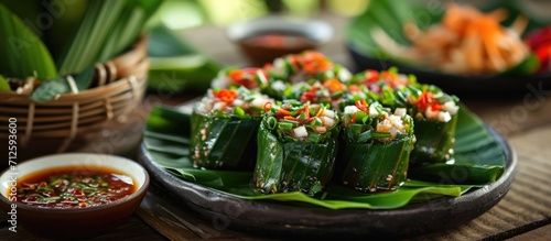 Miang Kham is a Thai appetizer of wrapped food and herbs served with sweet sauce. photo